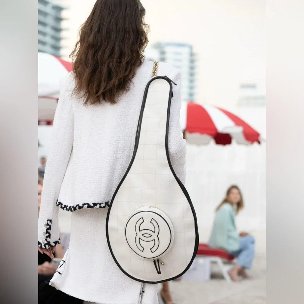 Chanel 23c RARE tennis racquet holder shoulder bag with pouch and slots ivory